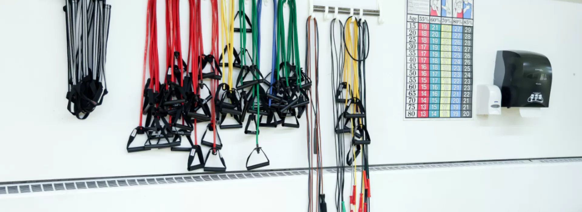 Troy has a variety of resistance bands and lighter free weights for classes